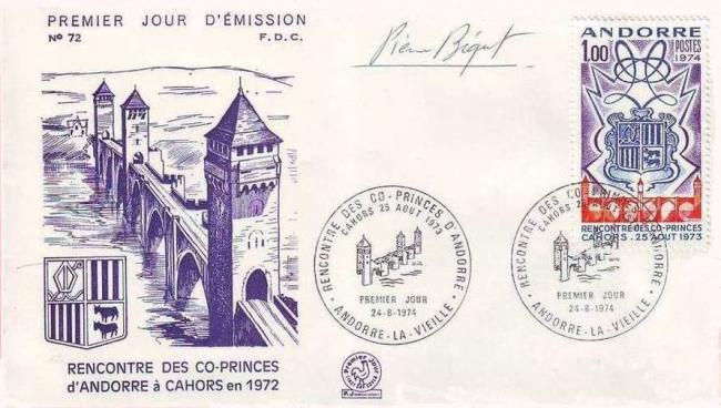 121b 24 08 1974 anniversaire de la rencontre des co princes d andorre a cahors ecus des vallees et pont de cahors